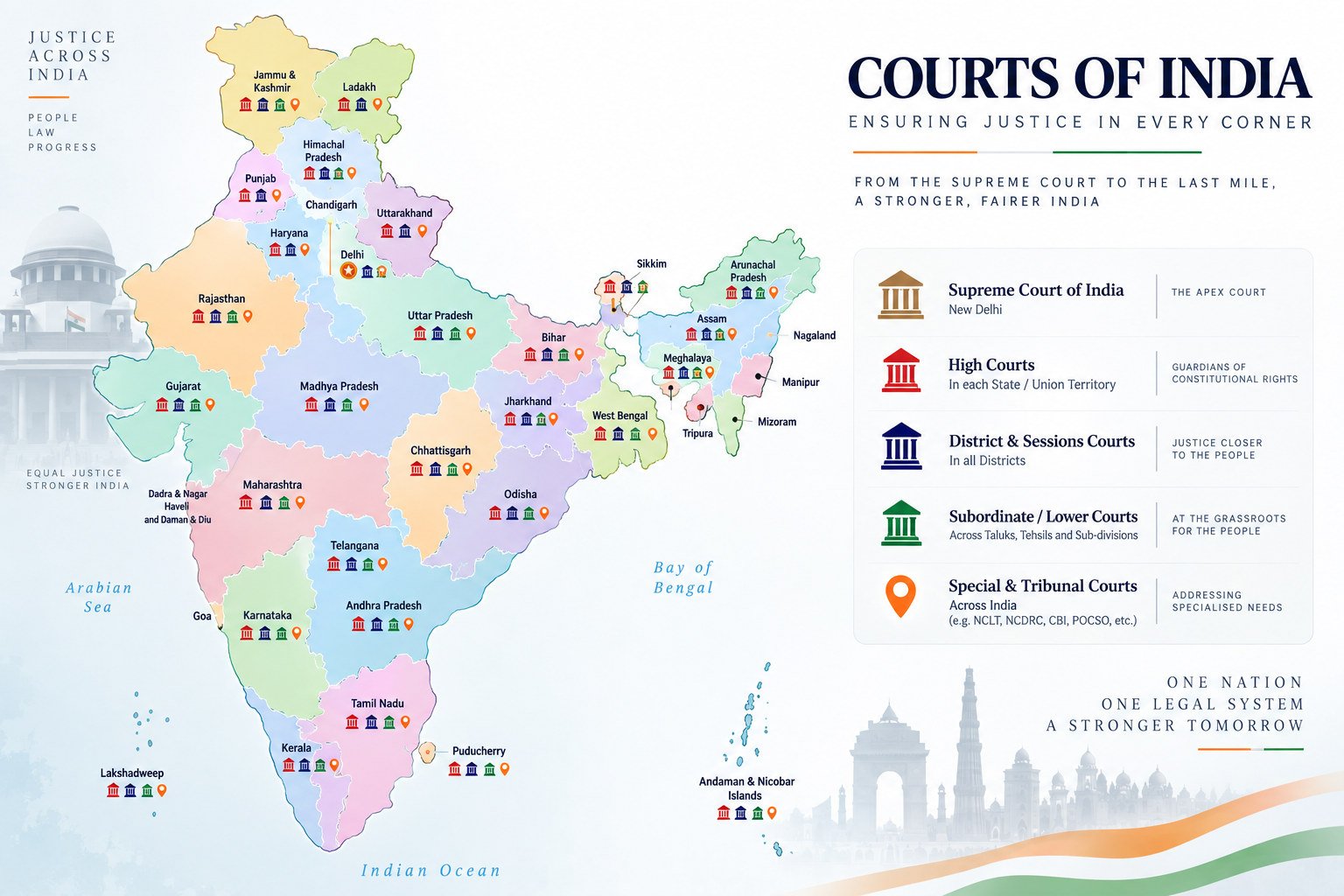 Map of India titled Courts of India, marking the Supreme Court in New Delhi and High Courts, District and Sessions Courts, subordinate courts and tribunals across the states and union territories
